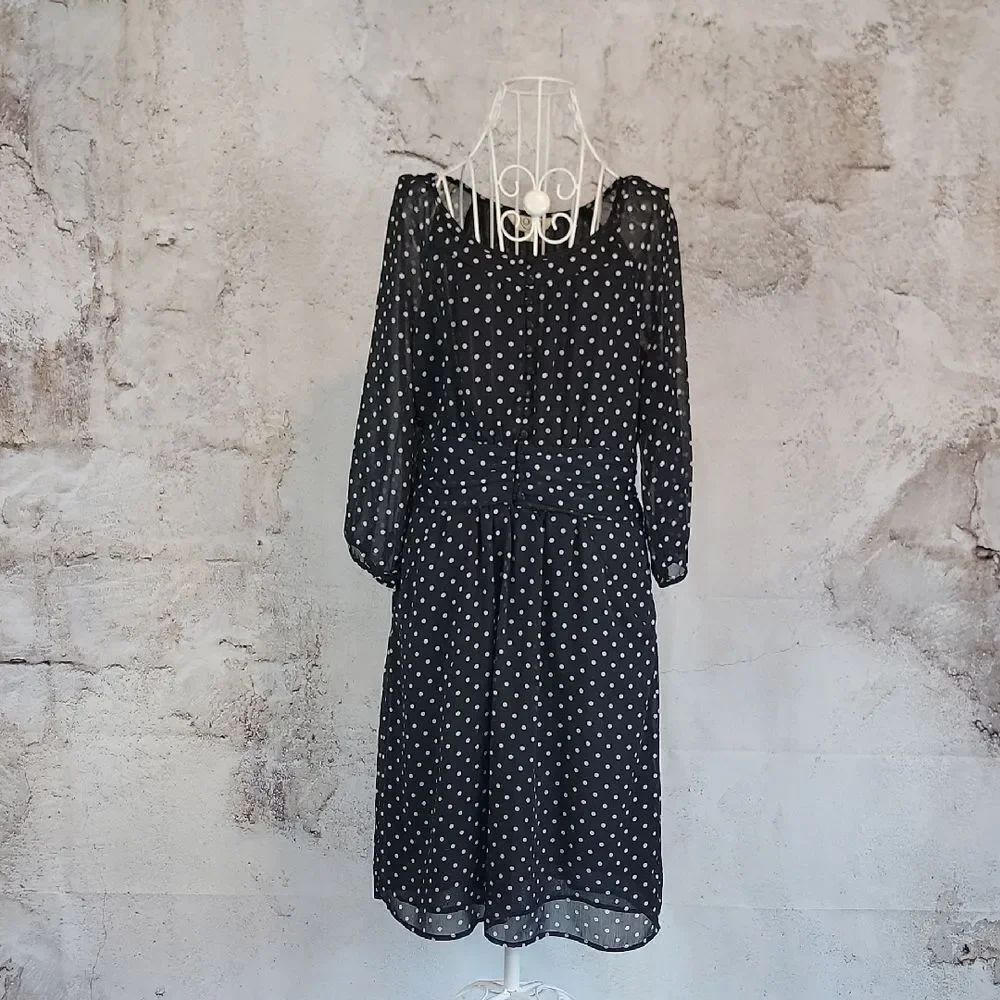 Romy Black and White Polka Dot Long Sleeve Midi Dress Womens Size M